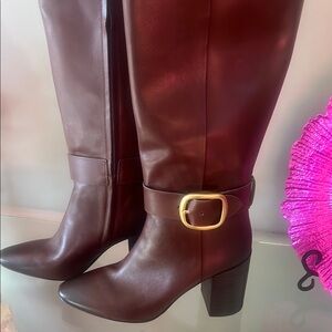 Coach Brown Leather Heeled Boots with Gold Buckle